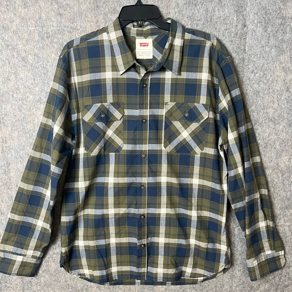 Levi's Men's Large Olive and Navy‎ Plaid Button Down long sleeve western Shirt